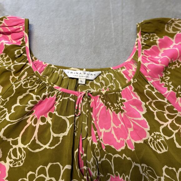 Trina Turk Los Angeles Floral Blouse Olive Green Pink SZ L Boho Peasant Top - Picture 3 of 10